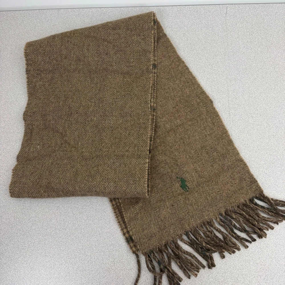 Polo Ralph Lauren Scarf Mens Brown Plaid Herringbone Reversible Lambs Wool Acry
